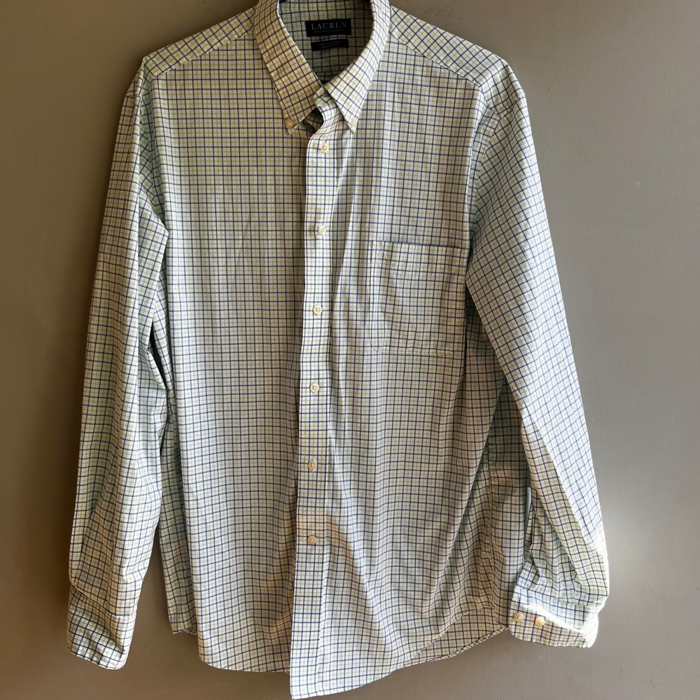 Lauren Ralph Lauren Mens Shirt Regular Stretch Plaid Green Stripes Neck 16.5